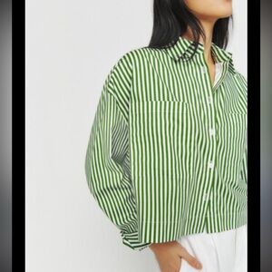 Reformation Logan Oversized Green Striped High Low Cropped Button Down Shirt